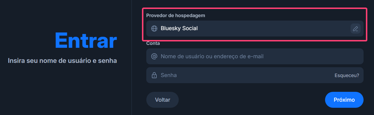 Tela de login do Bluesky.
Na esquerda escrito: Entrar. Insira seu nome de usuário e senha.
Na direita, campo Provedor de hospedagem em destaque escrito Bluesky Social. Campos de nome de usuário ou endereço de e-mail e senha da conta.
Botões Voltar e Próximo.