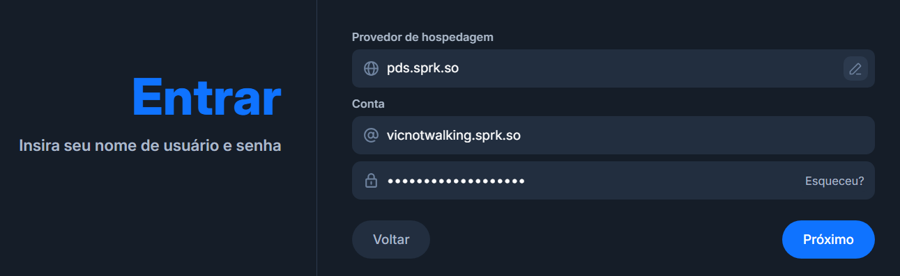 Tela de login do Bluesky.
Na esquerda escrito: Entrar. Insira seu nome de usuário e senha.
Na direita, campo Provedor de hospedagem escrito pds.sprk.so. Campos da Conta preenchidos com vicnotwalking.sprk.so e senha.
Botões Voltar e Próximo.