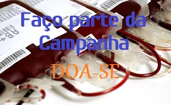 Banner retangular de divulgação, Faço parte da Campanha Doa-se escrito em azul e laranja, foto de três bolsas de sangue sobre superfície branca ao fundo