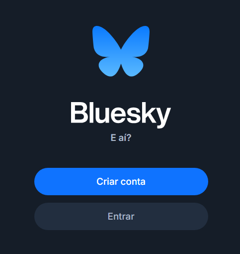 Tela de login do Bluesky, com dois botões, Criar conta, e Entrar