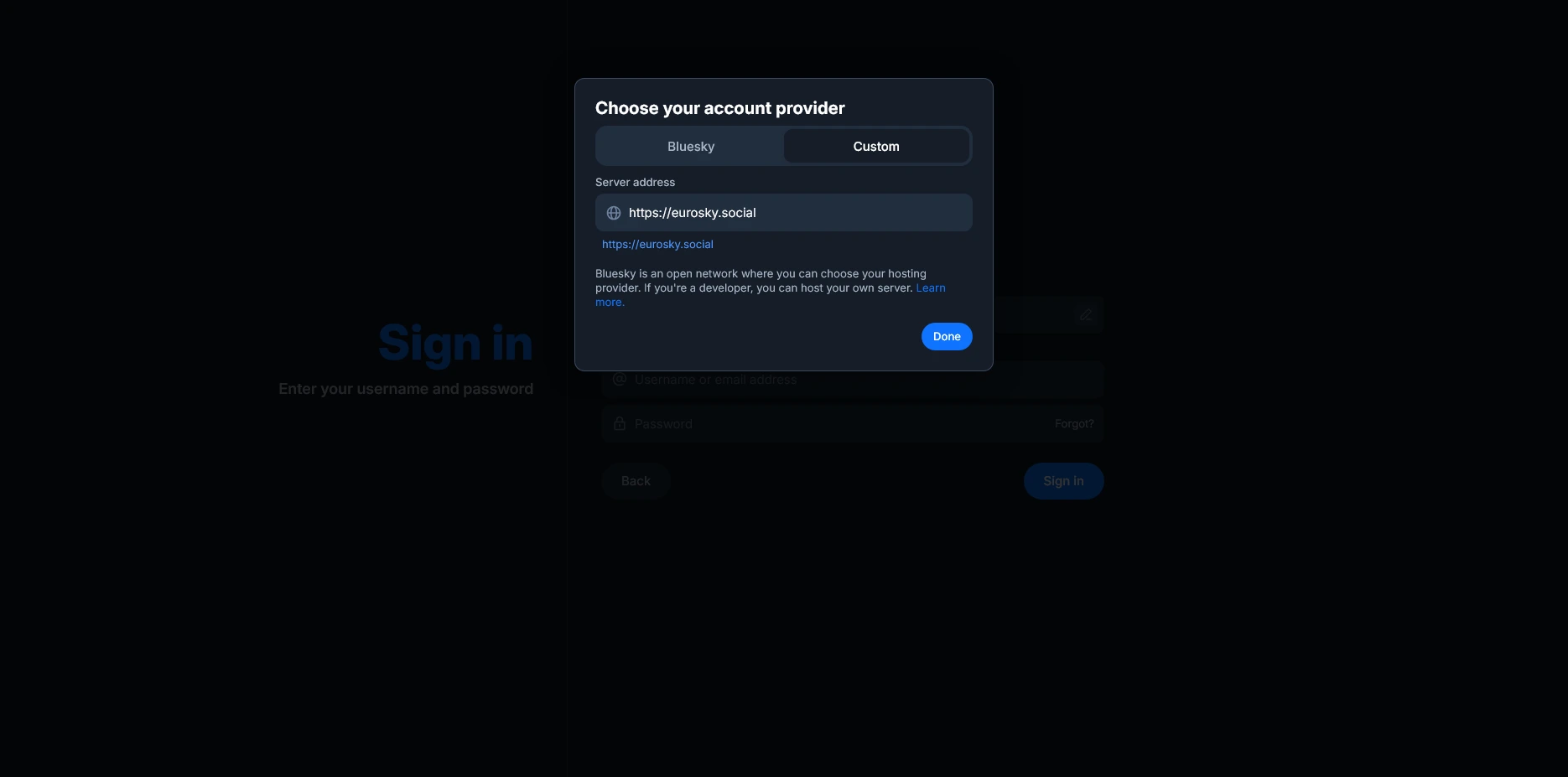 Changement de provider sur le client Bluesky