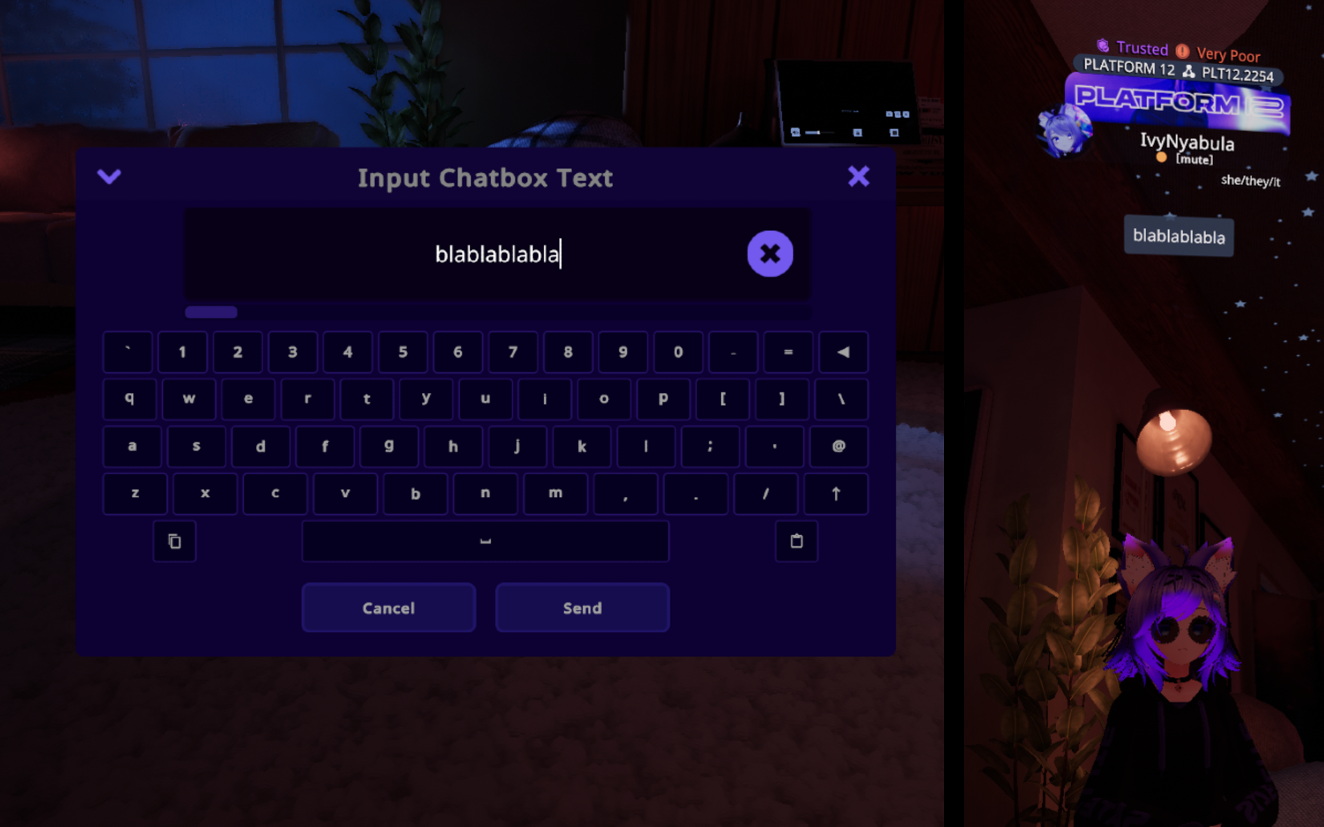 Image of the VRChat Chatbox keybord next to an image of the Chatbox hovering over my VRC Avatar