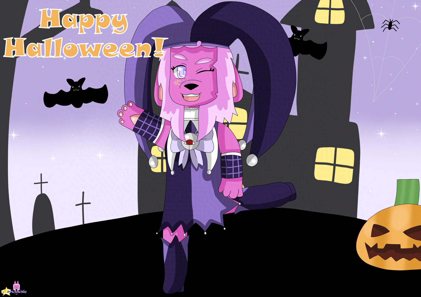 A drawing of a pink hybrid bunny/alpaca, in a purple (dual lighter/dark-purple) jester outfit, has a gray bell with a red eye on a bow on her dress. She's walking. Halloween background (shadows of a house, tombstone, tree, bat, spider on a spider web and a pumpkin).

Text: Happy Halloween!