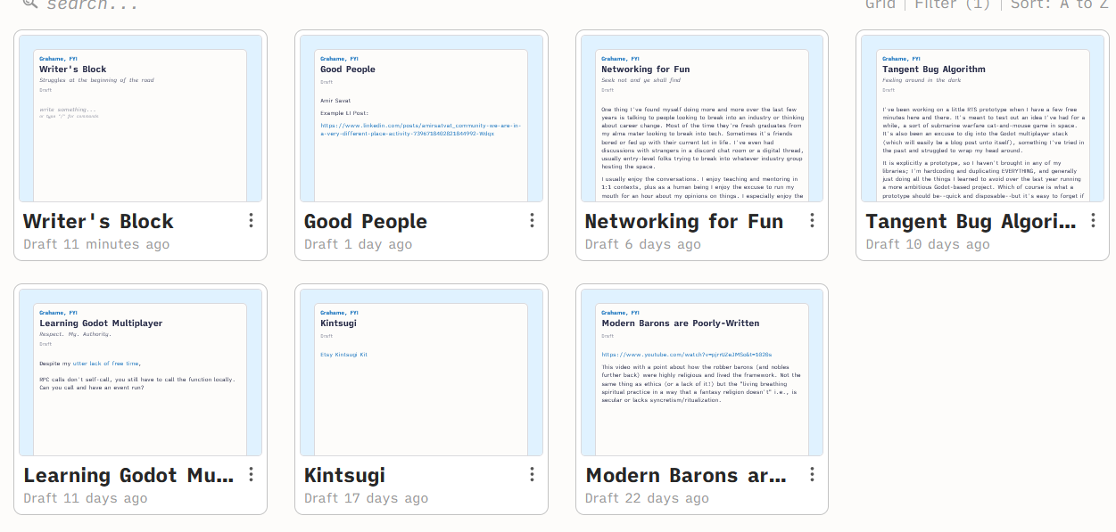 Seven leaflet post drafts in various states of completion