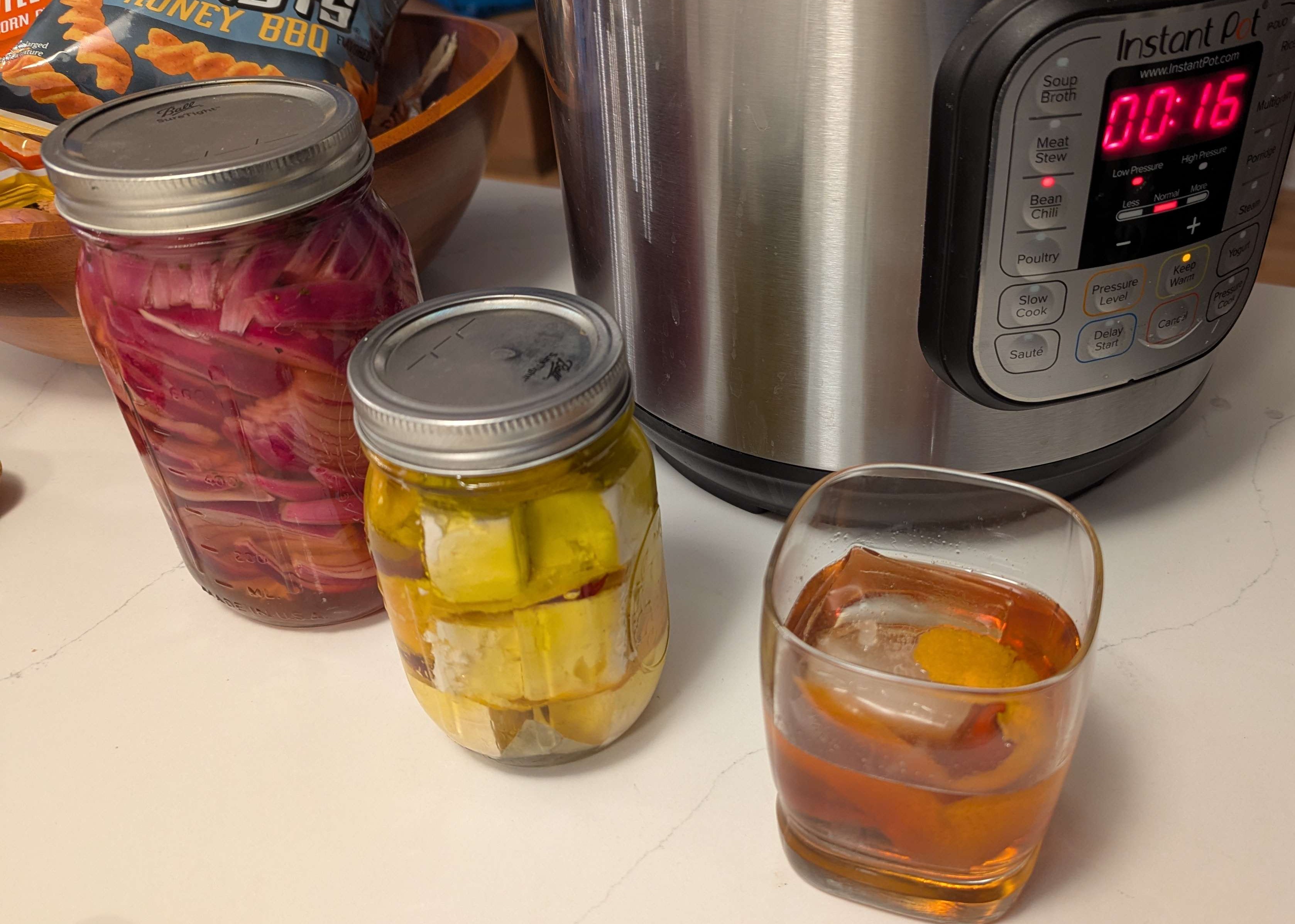 Chili, pickled onions, marinated feta, and an old fashioned for good measure