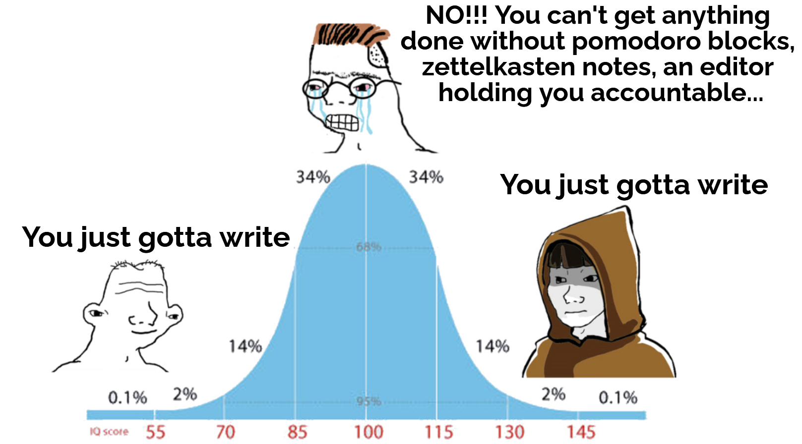 Jedi bell curve meme with the tails saying "You just gotta write" and the center blathering on about productivity techniques