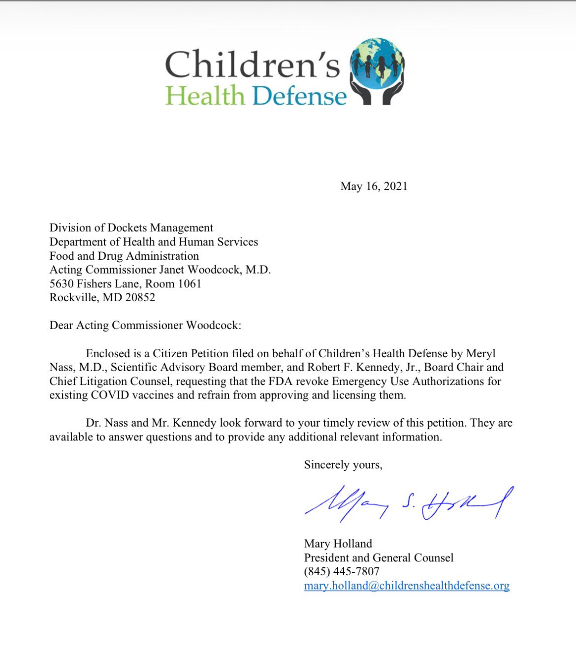“Children’s Health Defense” is shown as the organization’s logo. Mary Holland’s signature is between “Sincerely yours” and her printed name.