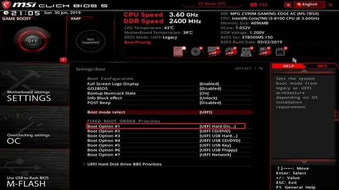 Exemplo da opção de Boot Priority numa placa mãe MSi.