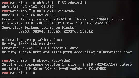 mkfs.fat -F 32 /dev/sda1
mkfs.ext4 /dev/sda3
mkswap /dev/sda2