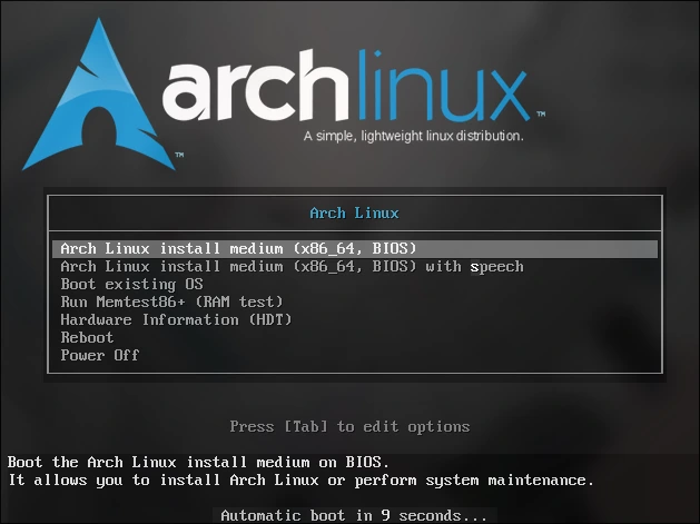 Tela de boot do Arch Linux Install Medium (Versão colorida BIOS. A versão UEFI é em preto e branco sem fundo de tela)