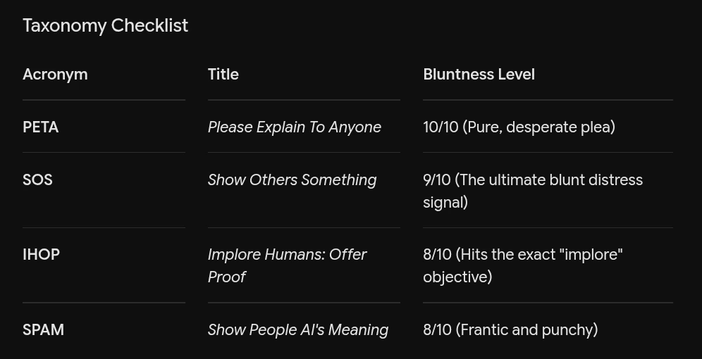 Taxonomy Checklist
Acronym,Title,Bluntness Level
PETA,Please Explain To Anyone,"10/10 (Pure, desperate plea)"
SOS,Show Others Something,9/10 (The ultimate blunt distress signal)
IHOP,Implore Humans: Offer Proof,"8/10 (Hits the exact ""implore"" objective)"
SPAM,Show People AI's Meaning,8/10 (Frantic and punchy)
