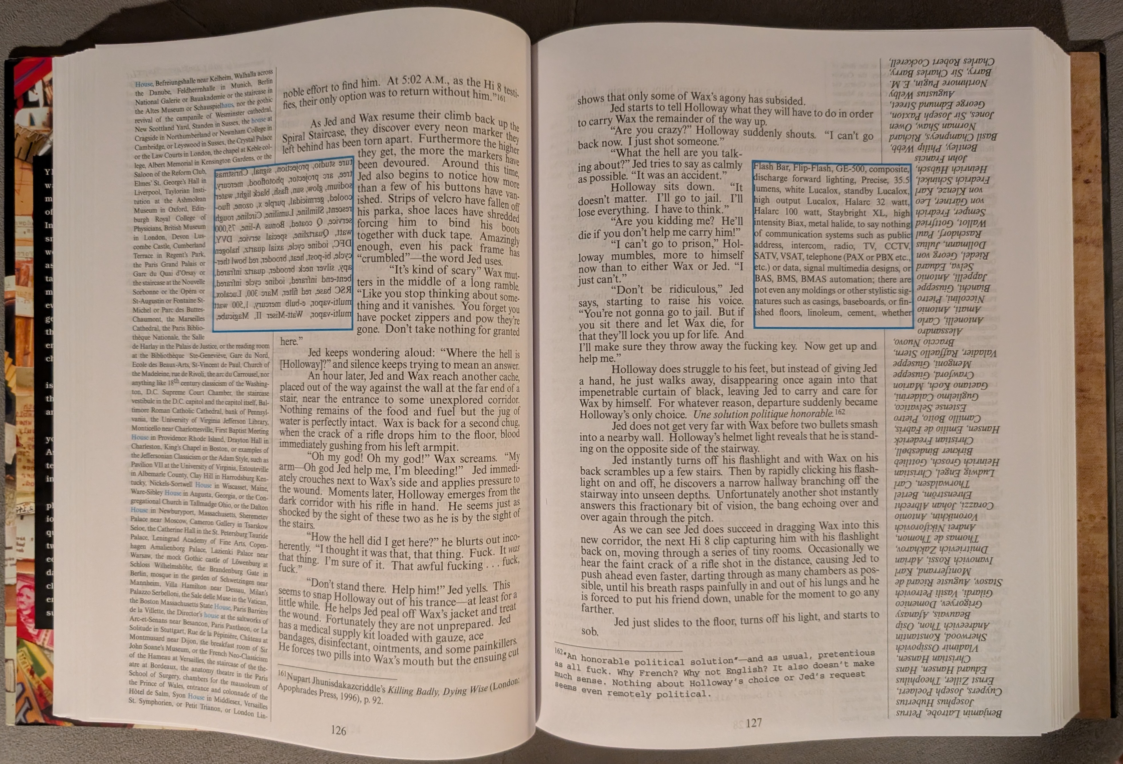 A couple of sample pages from Mark Z. Danielewski's "House of Leaves," with multiple columns of text in different fonts, with footnotes, and with segments of text running backwards and/or upside-down