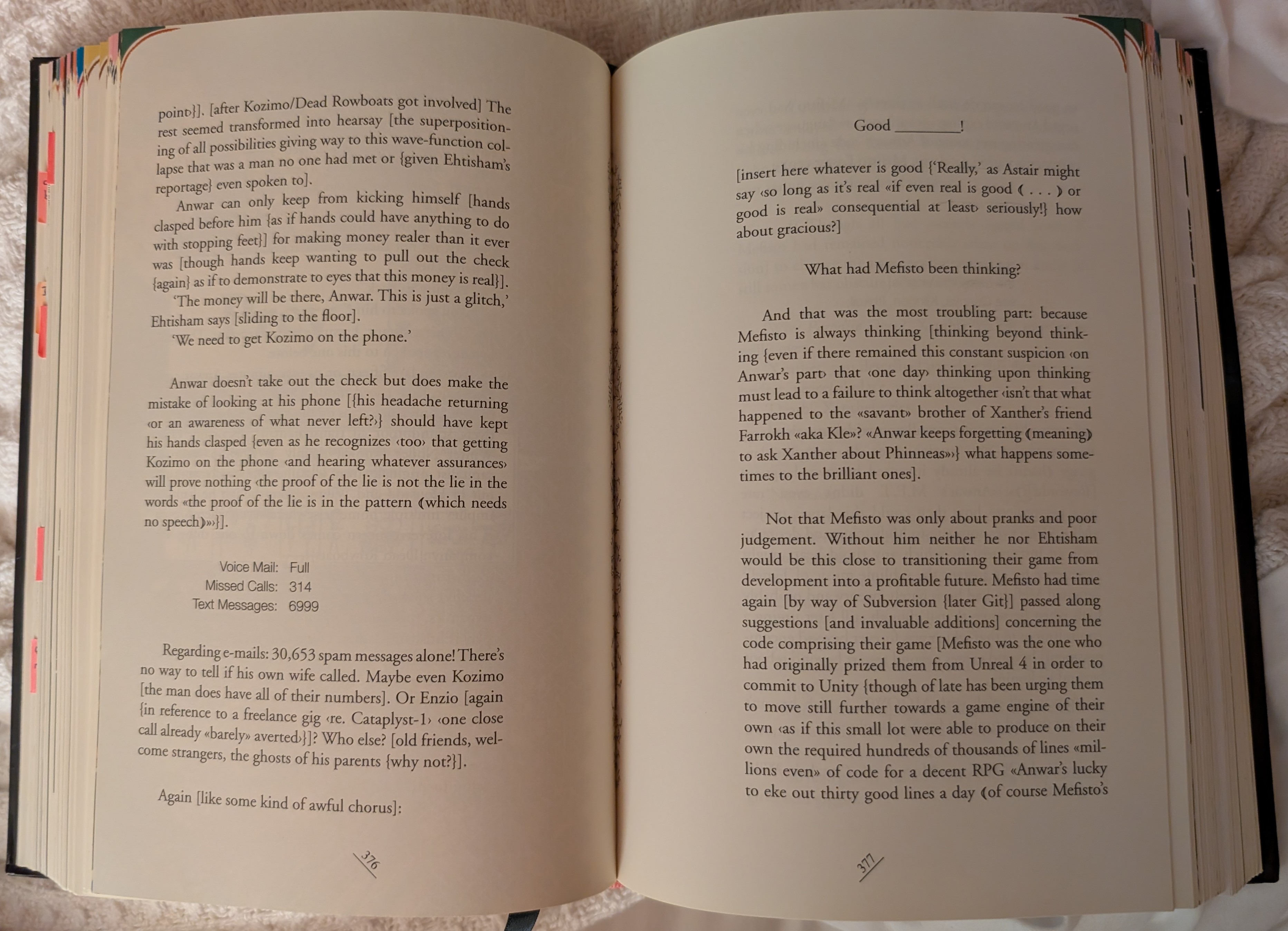 A dense pair of pages with text nested in multiple layers of brackets