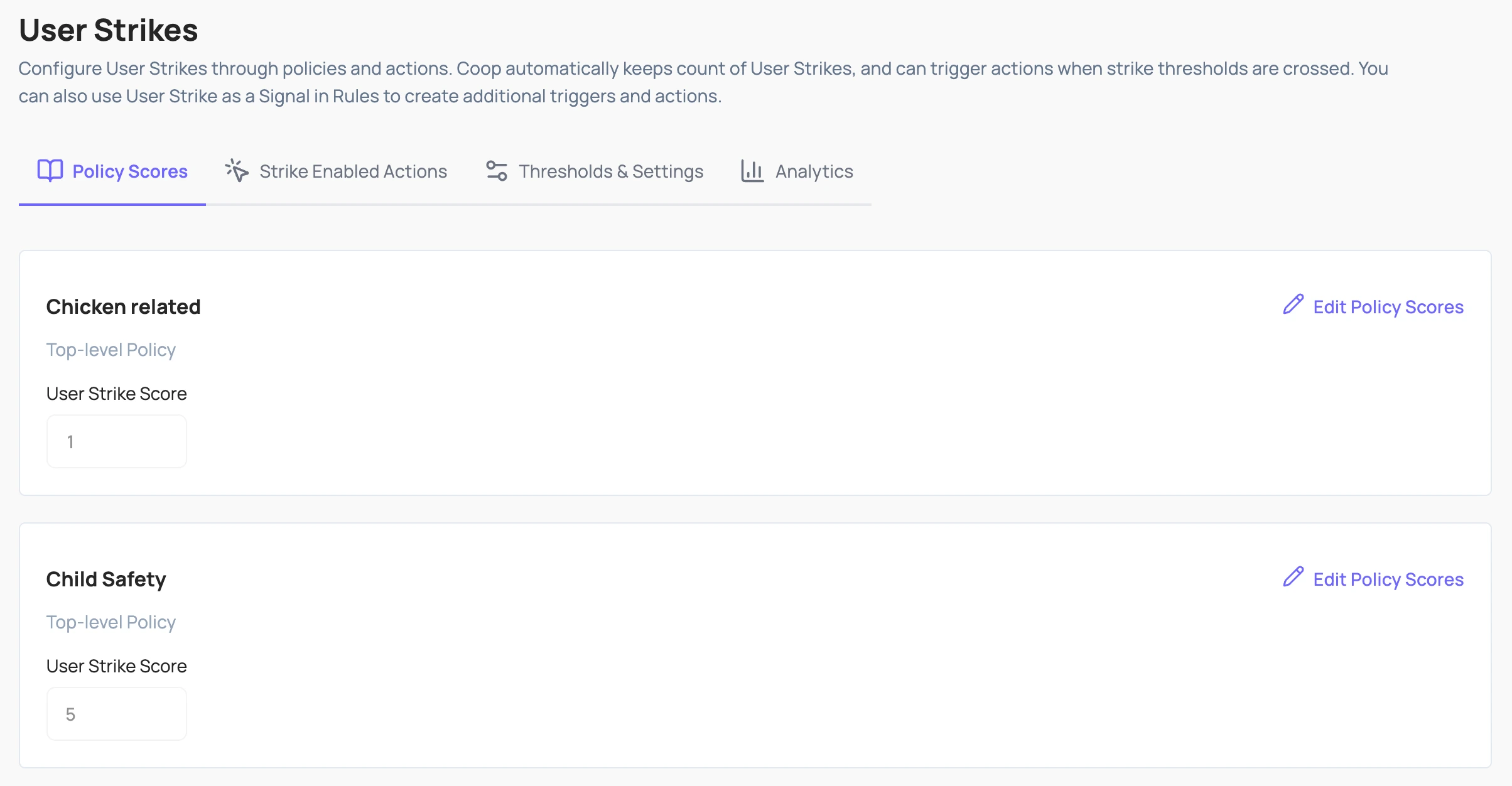 a screenshot of Coop, a review tool for safety teams. The User Strikes page includes 4 tabs: policy scores, strike enabled actions, thresholds and settings, analytics. Two policies are shown: Chicken related has a user strike score of 1 and Child Safety has a user strike score of 5.