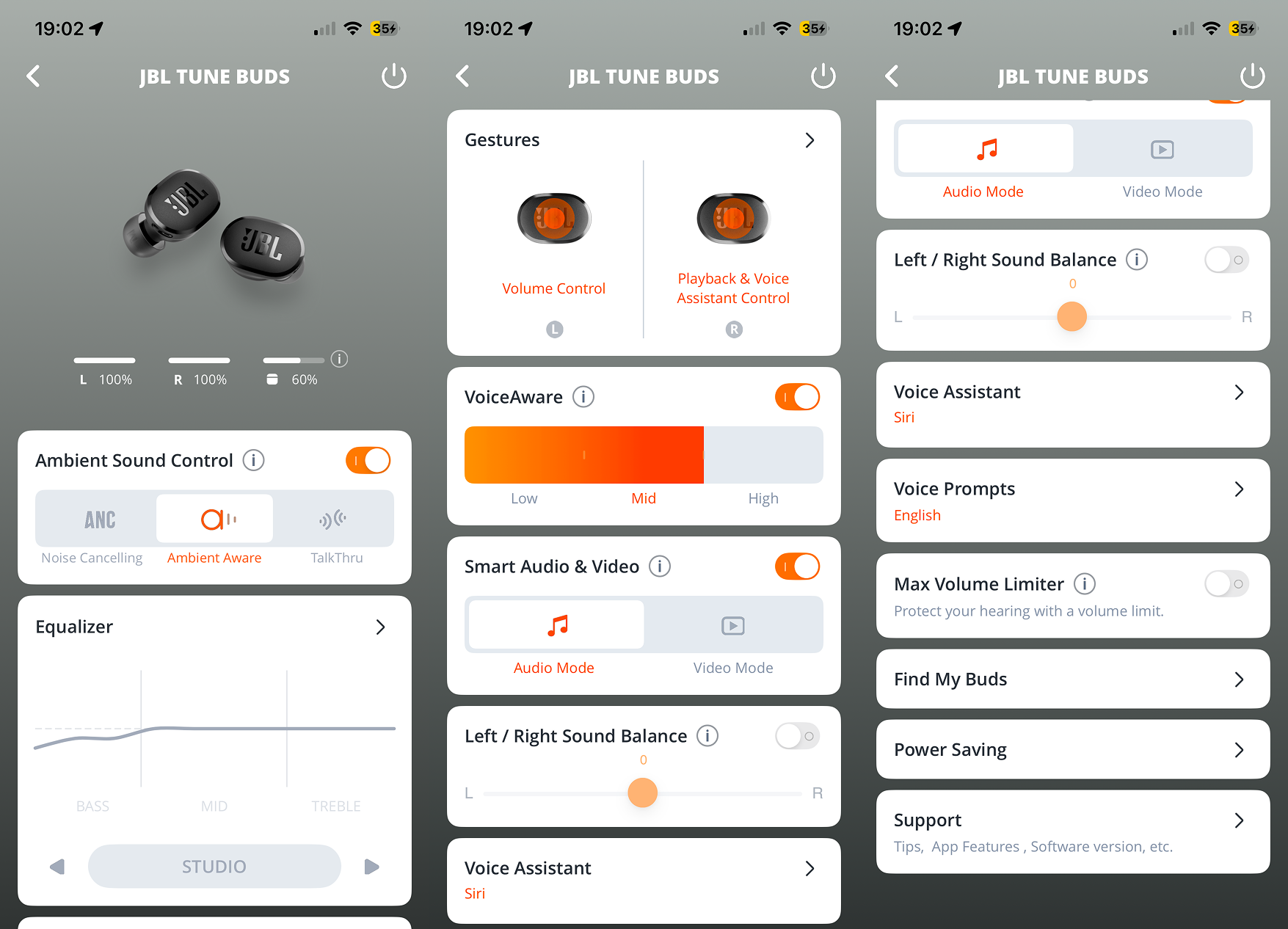  The image displays a series of screens showcasing different settings and options for JBL TuneBuds. The screens are arranged in a row, with each screen displaying a specific feature or function of the TuneBuds. The screens include settings for volume control, voice assistant, and power-saving mode. The image highlights the importance of these features and options for users to customize their listening experience with the JBL TuneBuds.