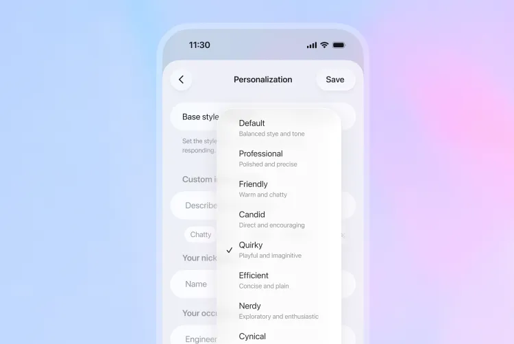 Mobile app personalization screen showing style options including Default, Professional, Friendly, Candid, Quirky, Efficient, Nerdy, and Cynical.