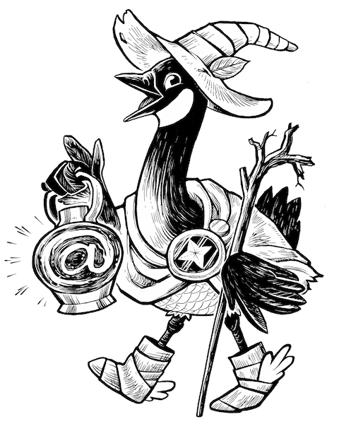 A Canada goose carrying a lantern that has an @ in it. The goose has a hat with a leaf in it, a cloak pinned with an emblem, and a walking stick. Winged boots adorn its feet.