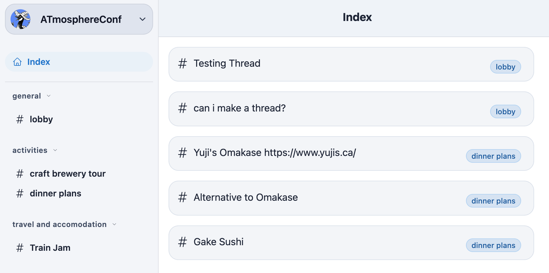 A screenshot of the Roomy atmosphereconf space, with threads and sidebar and sushi recommendations