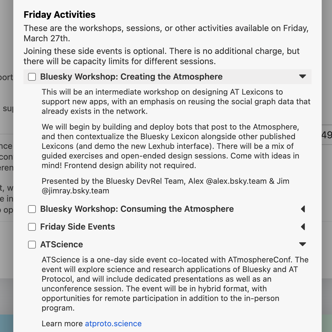 Screenshot of the Tito ticket interface, showing the selection for Friday activities.