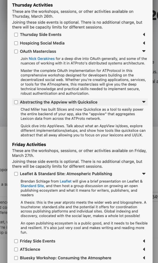 Screenshot of adding activities to your ti.to ticket -- you get this after paying, or when you go back to editing your ticket.