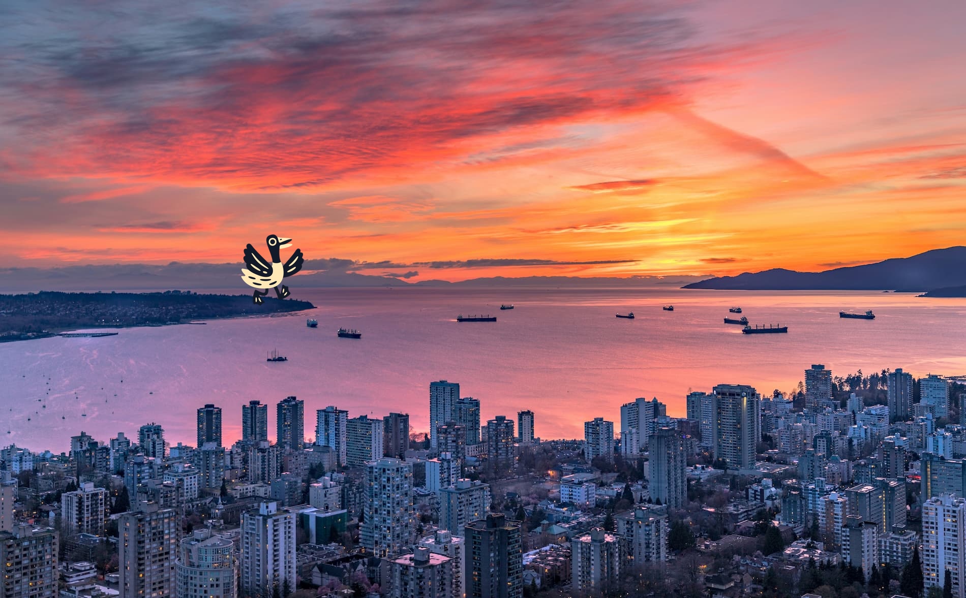 A sunset aerial view of downtown vancouver, boats in Burrard Inlet, and the UBC peninsula. There is an illustrated goose Gustopher on the UBC campus.
