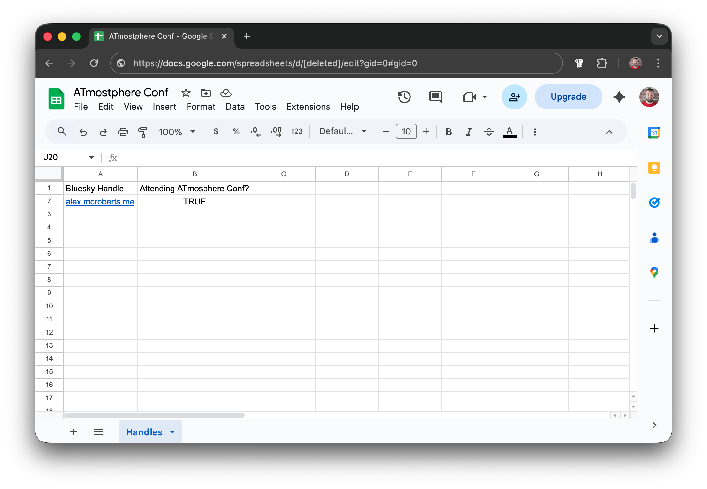 The Google Sheet source of the data. 2 Columns "Bluesky Handle" and "Attending ATmosphere Conf?". There's only one row with the data "alex.mcroberts.me" and "true".