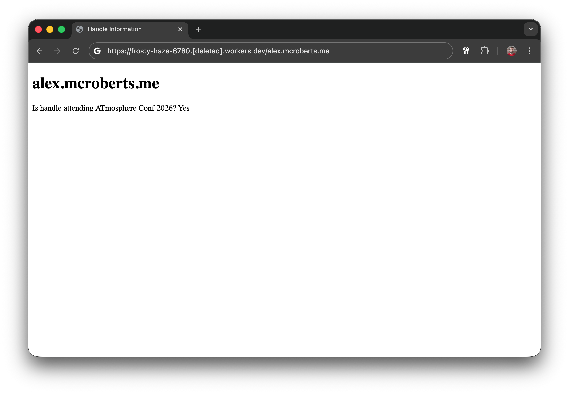 The Cloudflare worker page. Text reads "alex.mcroberts.me. Is handle attending ATmosphere Conf 2026? Yes"