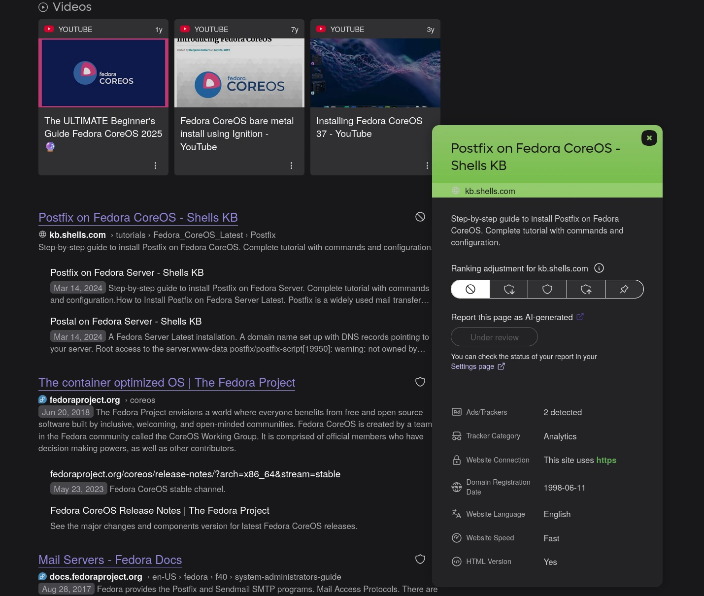 Screenshot of the Kagi interface showing the pop-up for reporting the Shells KB site as AI-generated and to remove it from future search results.