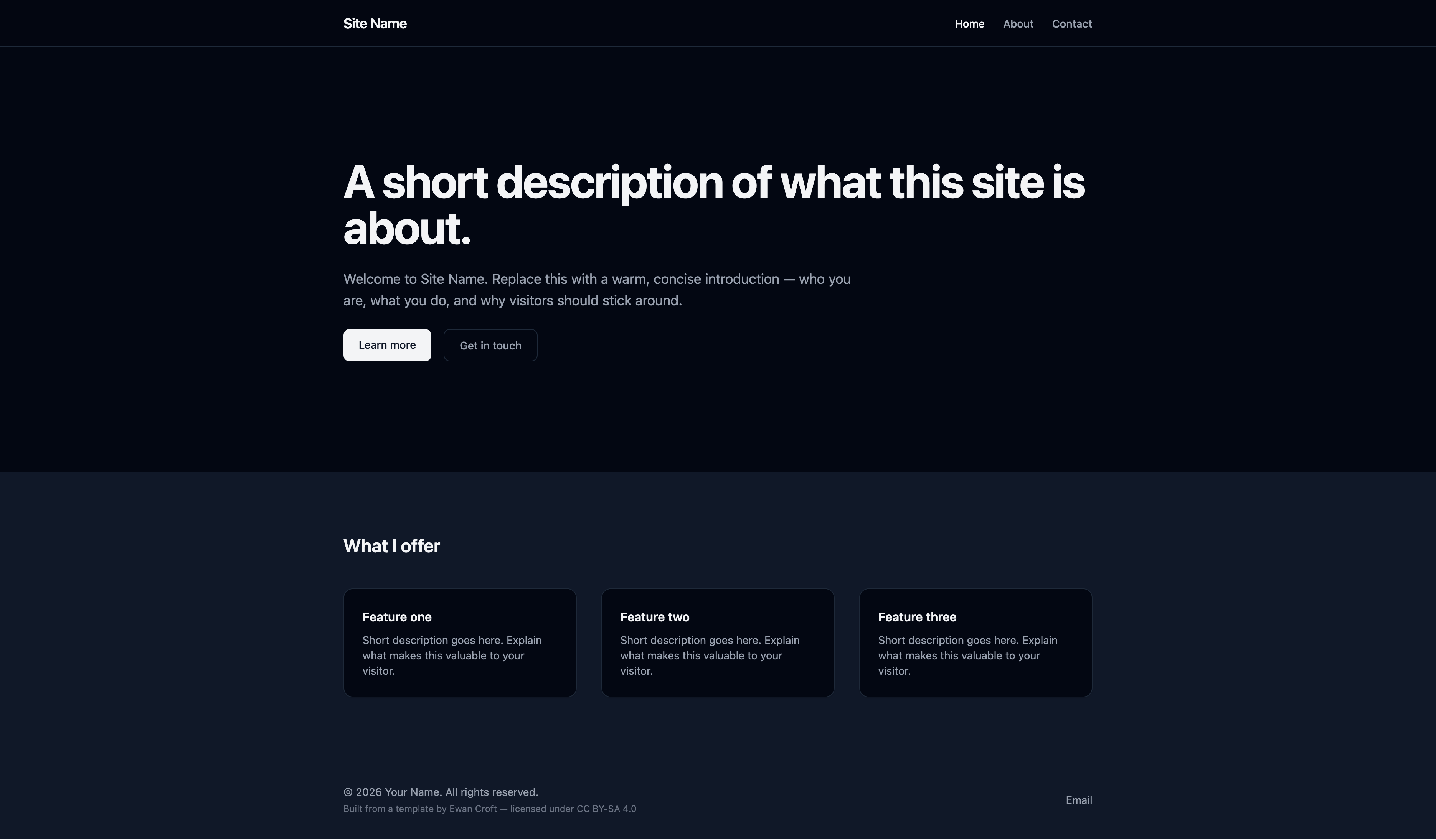 the dark mode version of the website template that i use for commissions.