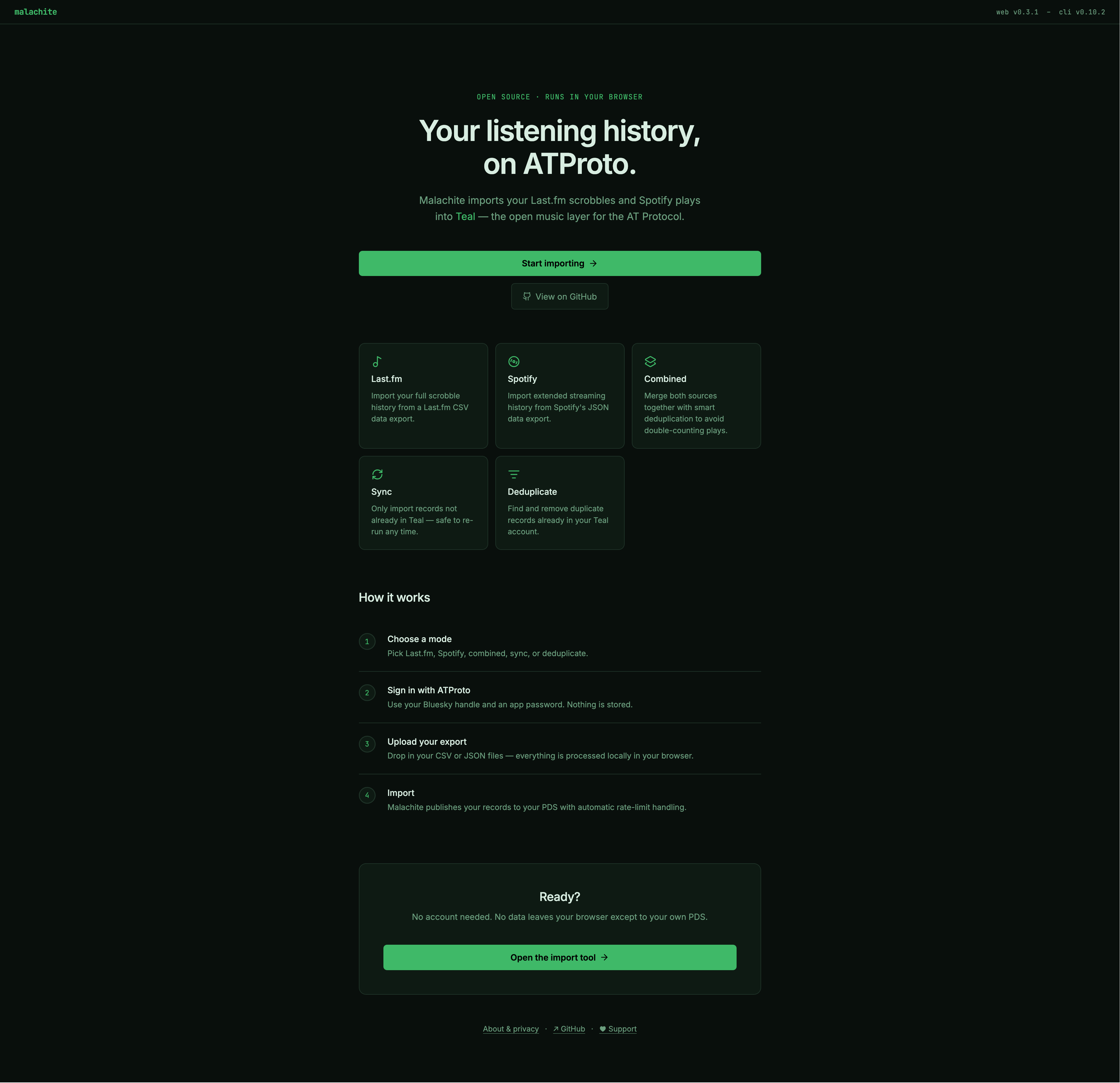 the homepage for malachite's web interface, version 0.3.1