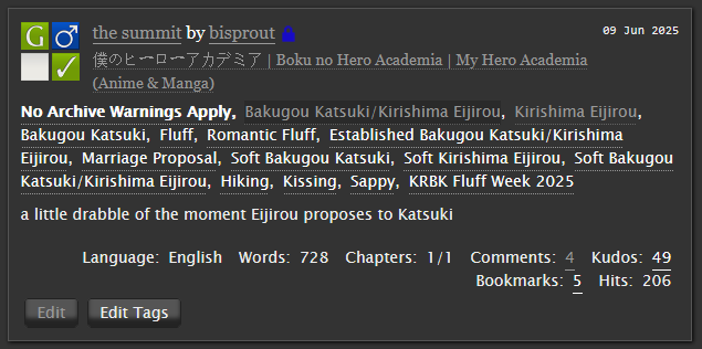 screenshot of a fanfiction summary on AO3, showing various tags and stats