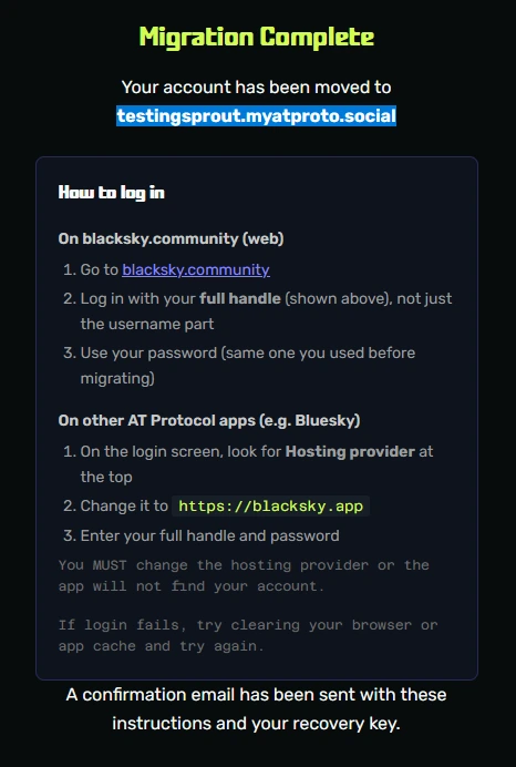 Screenshot of the Migration Complete page. It includes instructions on how to login with your new handle.