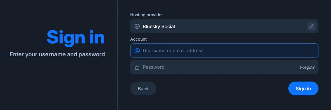 Screneshot of the Bluesky login page, asking for your hosting provider, account and password.