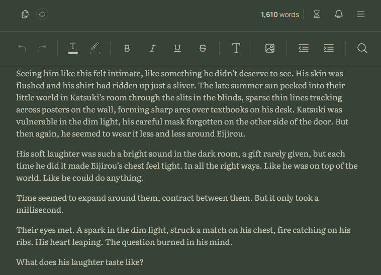 screenshot of a fic written in Ellipsus. a toolbar with text customization options sits near the top, below another toolbar with word count, a focus mode button and a hamburger menu