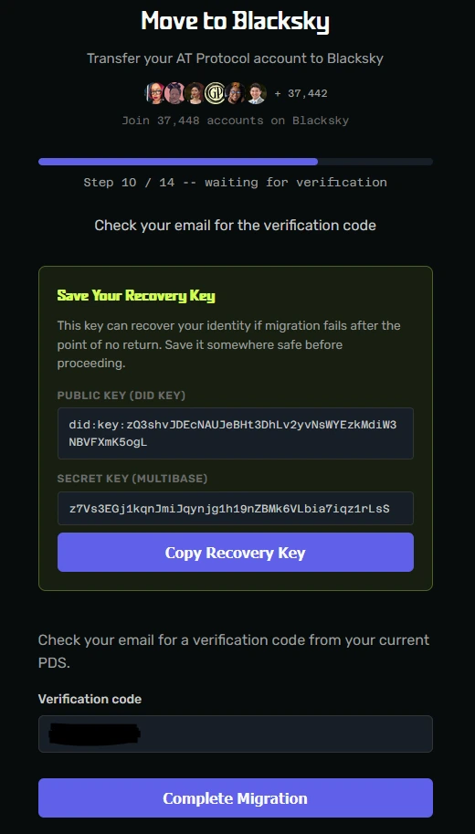 Screenshot of step 10 of 14, waiting for verification. It provides a Recovery Key and asks for your verification code.