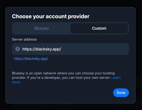 Screenshot of the "choose your account provider" page which lets you add a custom server address.