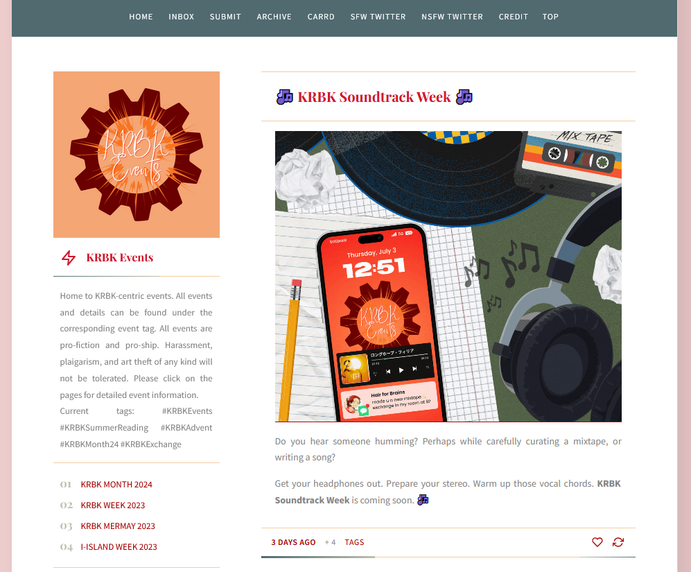 a screenshot of the custom theme for the KRBK Events Tumblr page