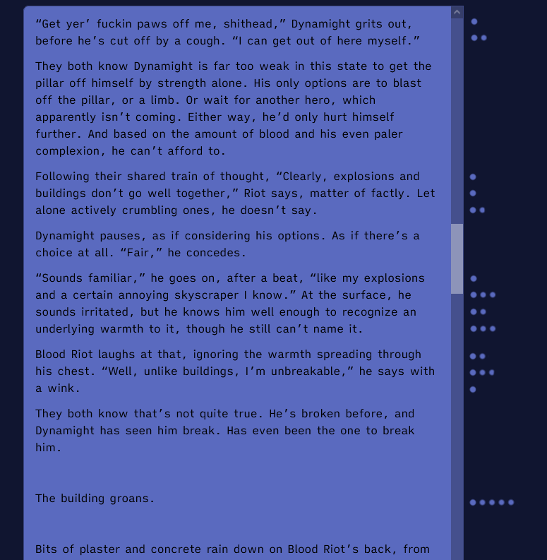screenshot of a mock-up, showing a fic written on Leaflet. Dots along the side of the scrollbar show hypothetical points in the document where quotes were left, with more dots indicating more quotes for a specific line