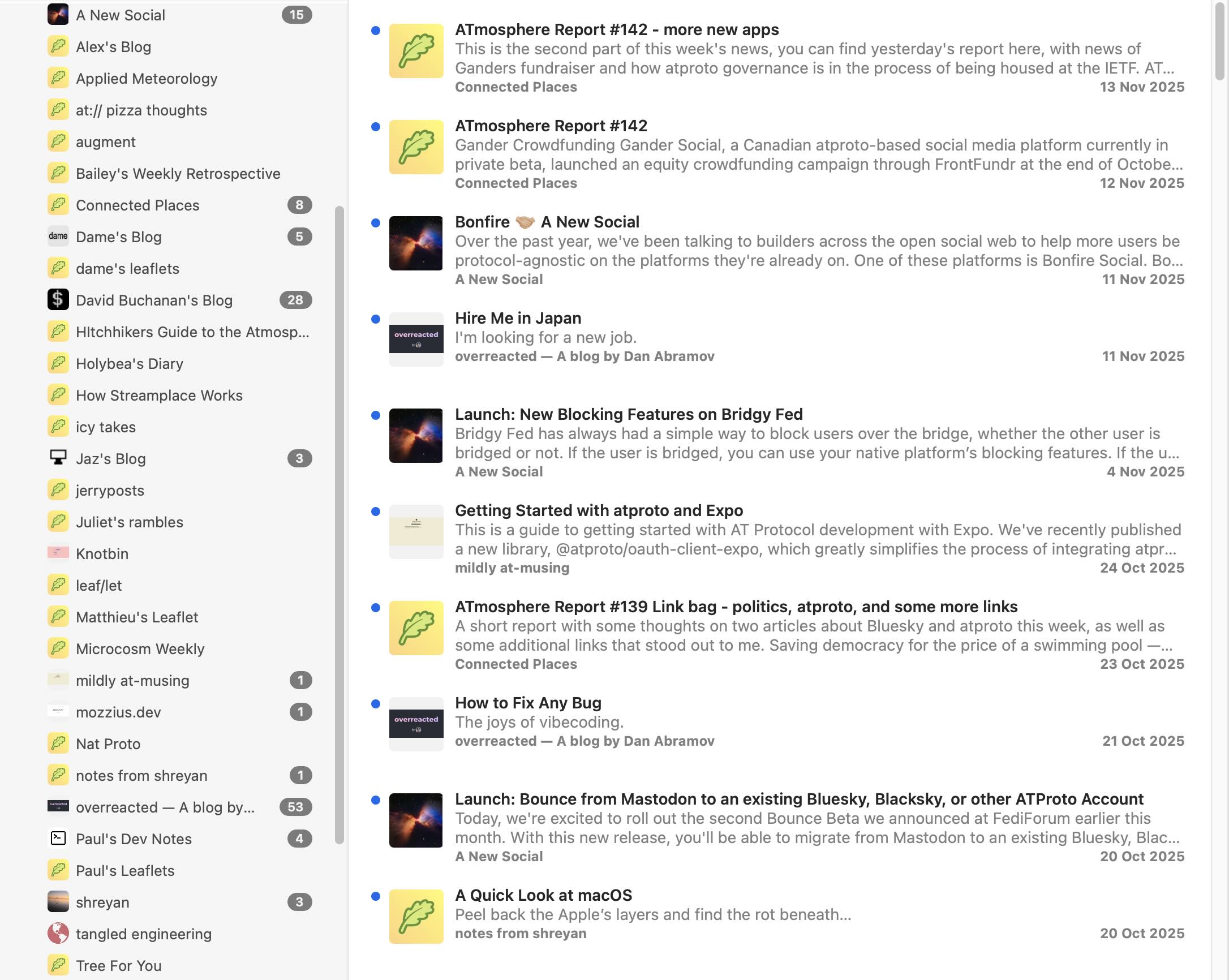 Screenshot of NetNewsWire feed reader with about 30 feeds in the sidebar, most of them with the Leaflet icon with a green leaf on a yellow background