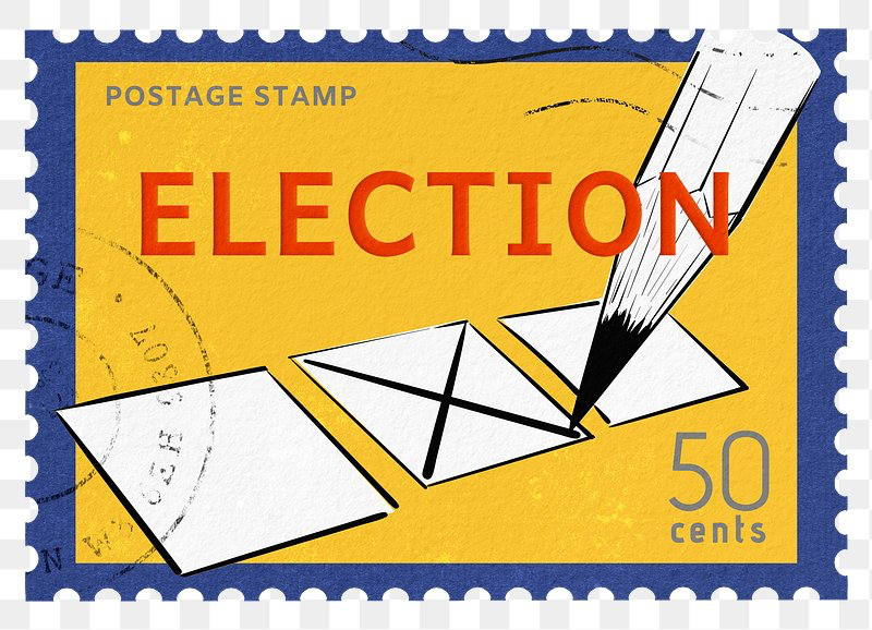 Image of postage stamp that says “Election, 50 cents” with an illustration of a pencil checking a box