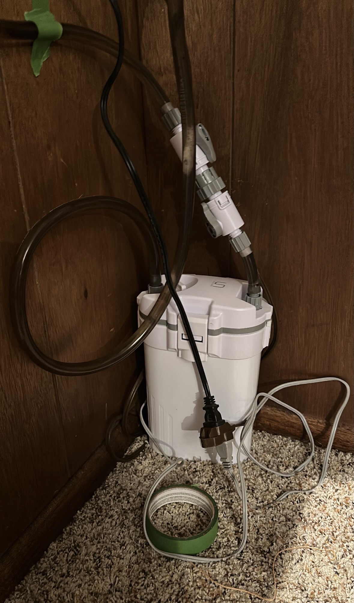 Picture of a canister filter on carpeted floor with two pipes coming out of it. One of the pipes is taped to the side of my desk. An extension cord runs up towards my desk and has two plugs connected to it.