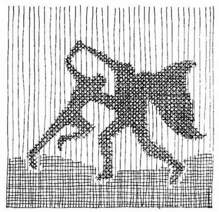 Image d'illustration du chapitre la Mission du livre la Tour des Anges par Philip Pullman.
Dans un style assez simple, on aperçoit deux silhouettes, celle d'un garçon, Will, et celle d'un homme portant une cape, John, en train de se battre au corps à corps.