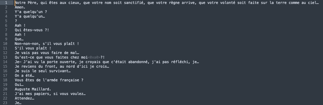 Extrait des dialogue, avec une phrase par ligne.