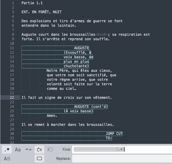 Application d'une expression régulière pour enlever les noms des personnages, les didascalies, etc.