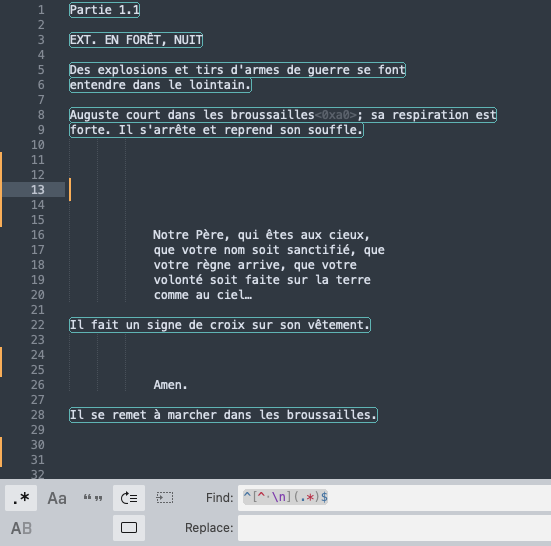 Application d'une expression régulière pour enlever les indications scéniques.