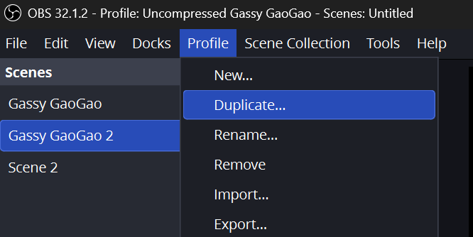 OBS screenshot. The profile tab is expanded with the cursor hovering over the duplicate button.