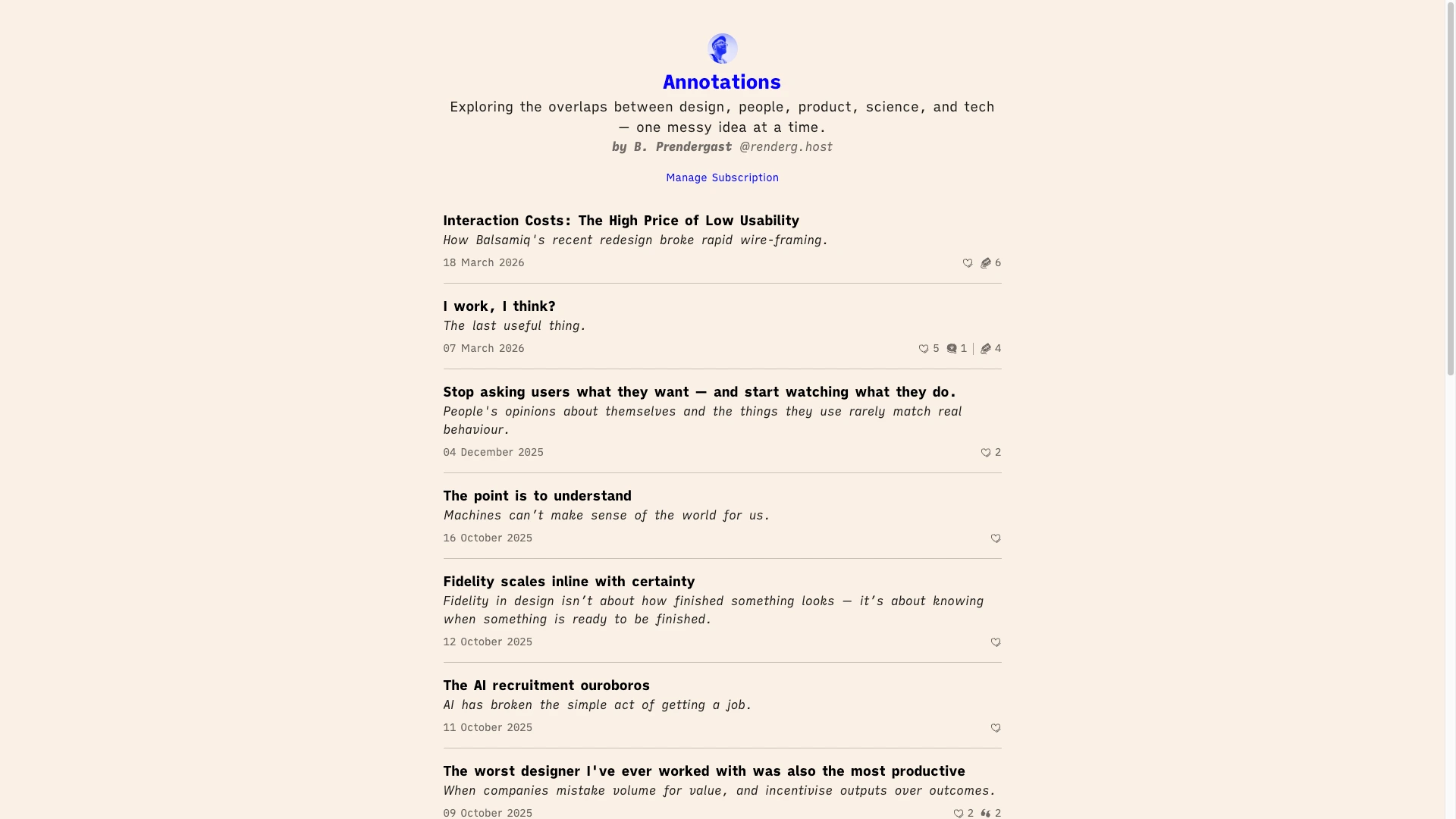 A screenshot of my Leaflet publication called "Annotations" with a selection of posts.