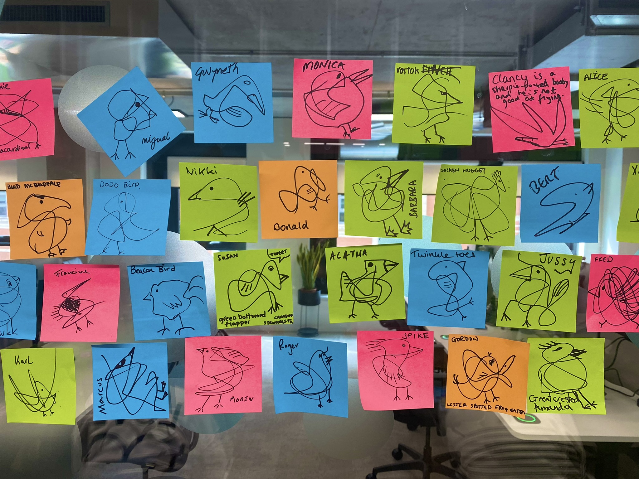 A photo of a collection of squiggle birds from a service mapping workshop.