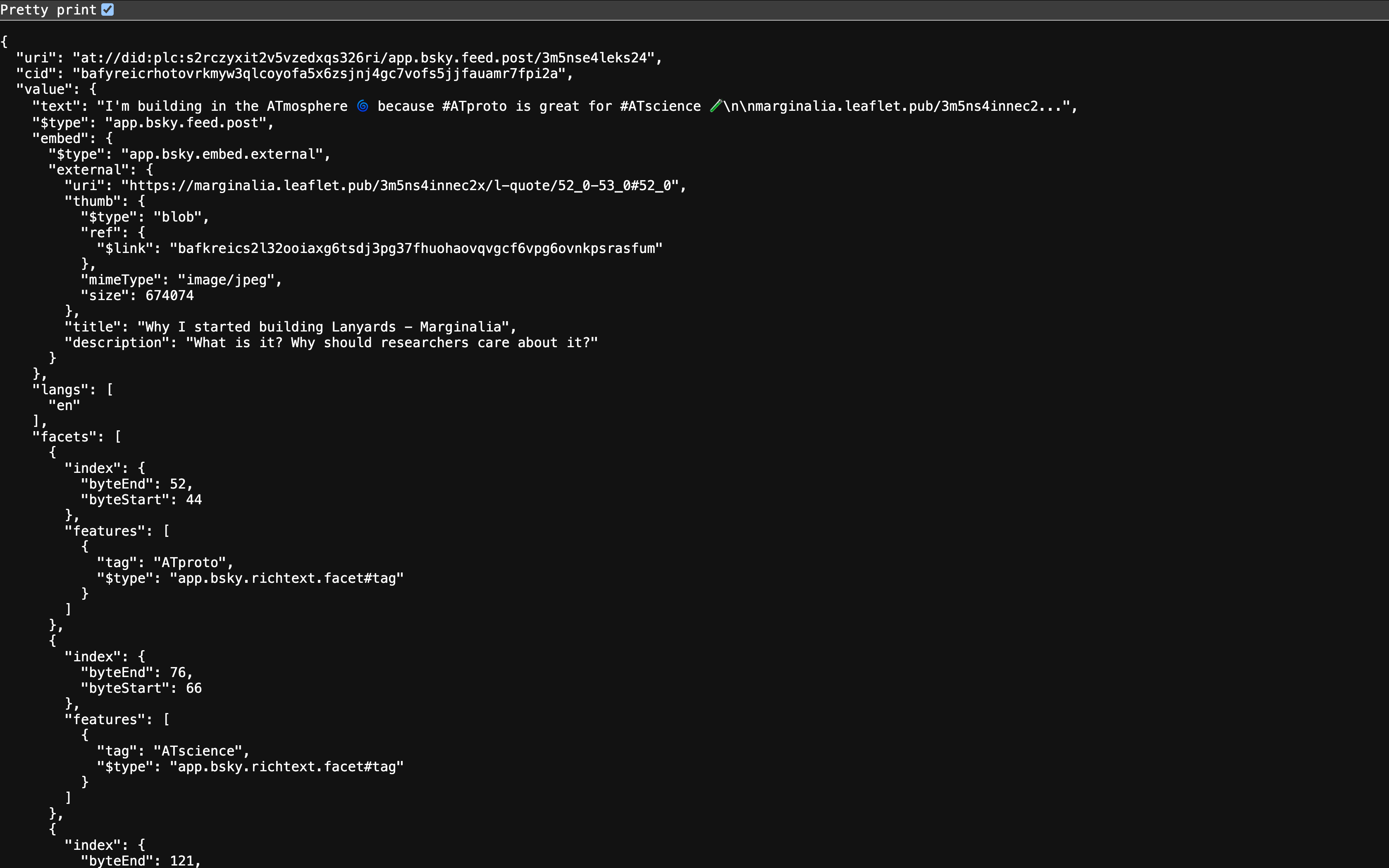 A screenshot of my last bluesky post in it's raw text form.