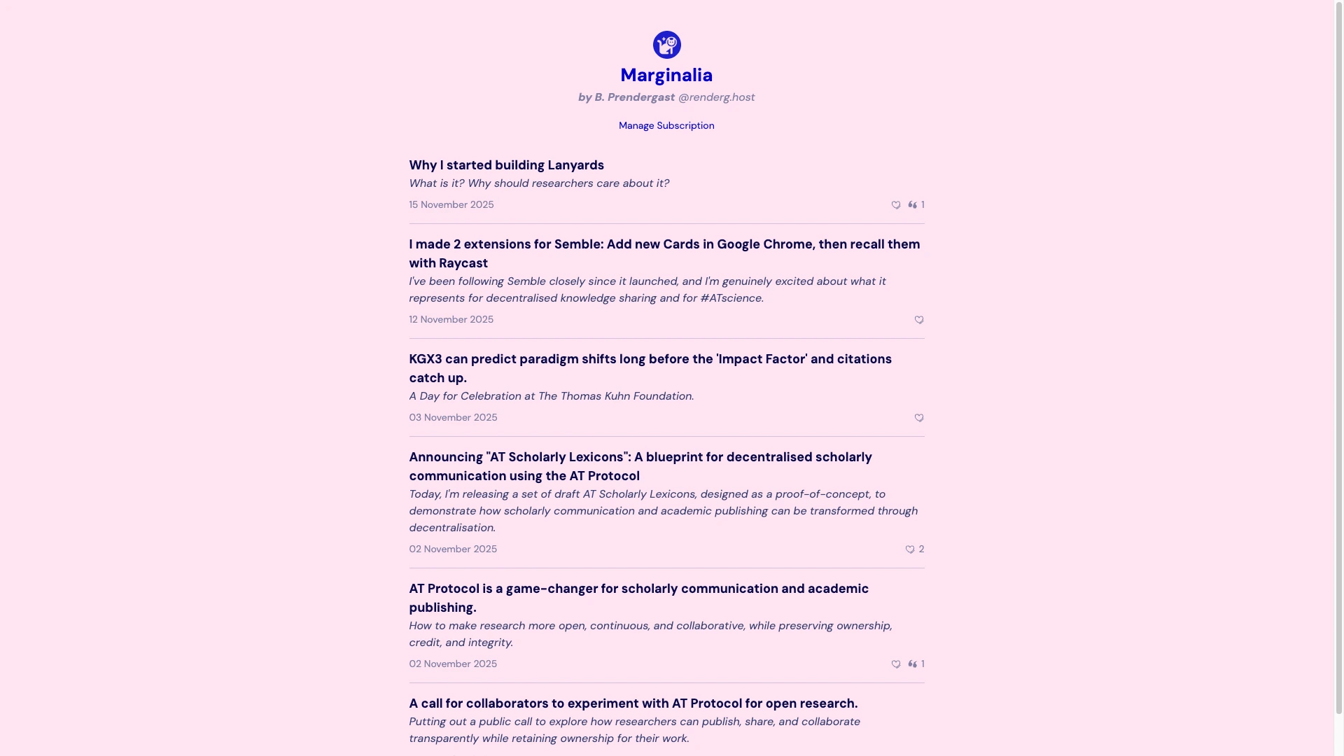 A screenshot of my Leaflet publication called "Marginalia" with a selection of posts.